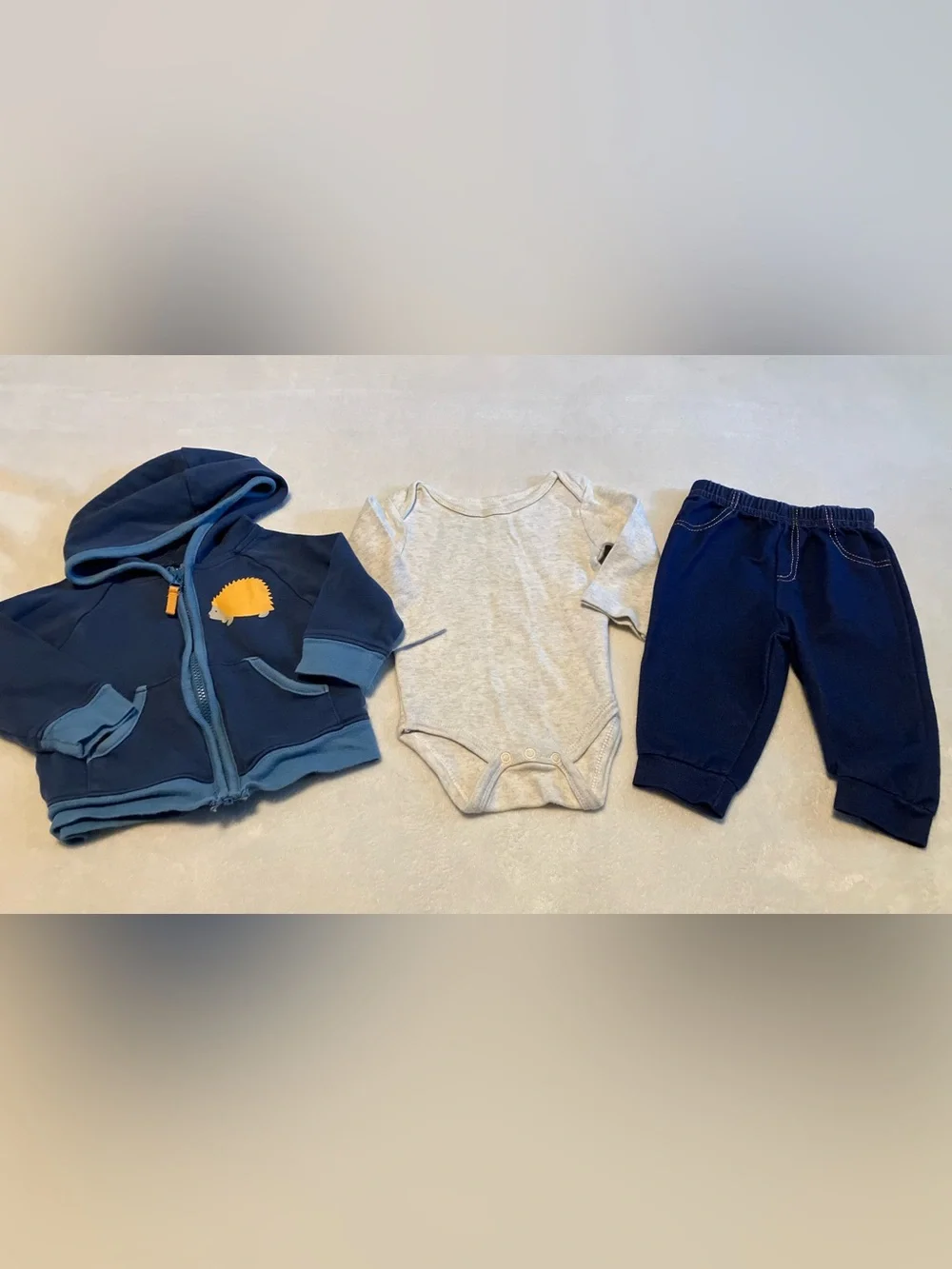 Baby 3-Piece Set - Navy Hedgehog Hoodie, Gray Bodysuit, Navy Pants